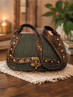 Vintage Boho Blue Denim Crossbody Bag Embossed Leather Trim Western Festival